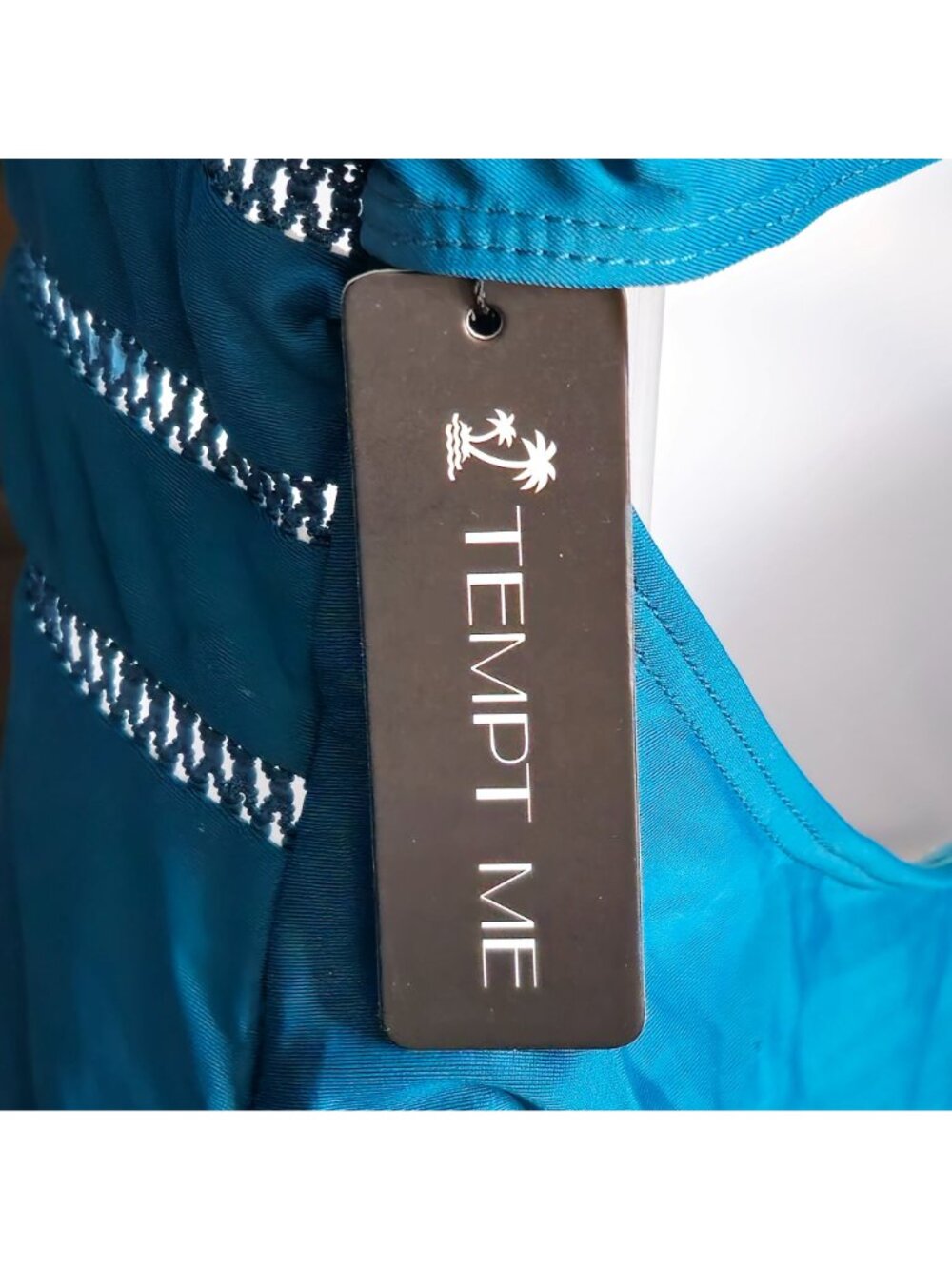 Blue One-Piece Swimsuit LG Halter Lace Cutout V Neck Adjustable Strap Lined - Picture 3 of 8